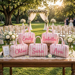Personalized Striped Makeup Bag | Embroidered Bridesmaid Pouch | Hanging Travel Toiletry Organizer