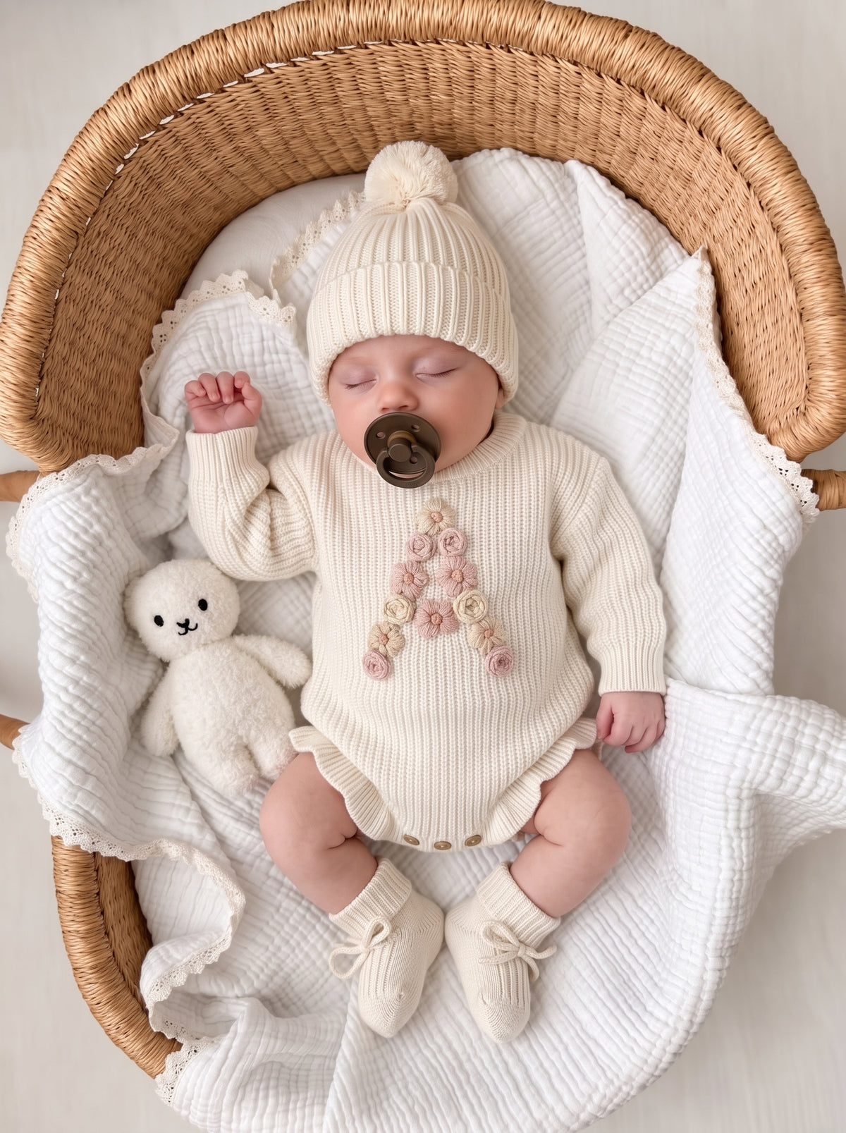 Floral Personalized Baby Romper – Hand Embroidered Name Knit Romper, Custom Newborn Outfit, Baby Girl Gift