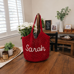 Personalized Crochet Beach Tote Bag – Custom Name Cotton Yarn Handmade Mesh Bag
