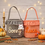 Personalized Halloween Gingham Basket | Hand-Knit Name Trick-or-Treat Bucket
