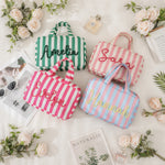 Personalized Striped Makeup Bag | Embroidered Bridesmaid Pouch | Hanging Travel Toiletry Organizer