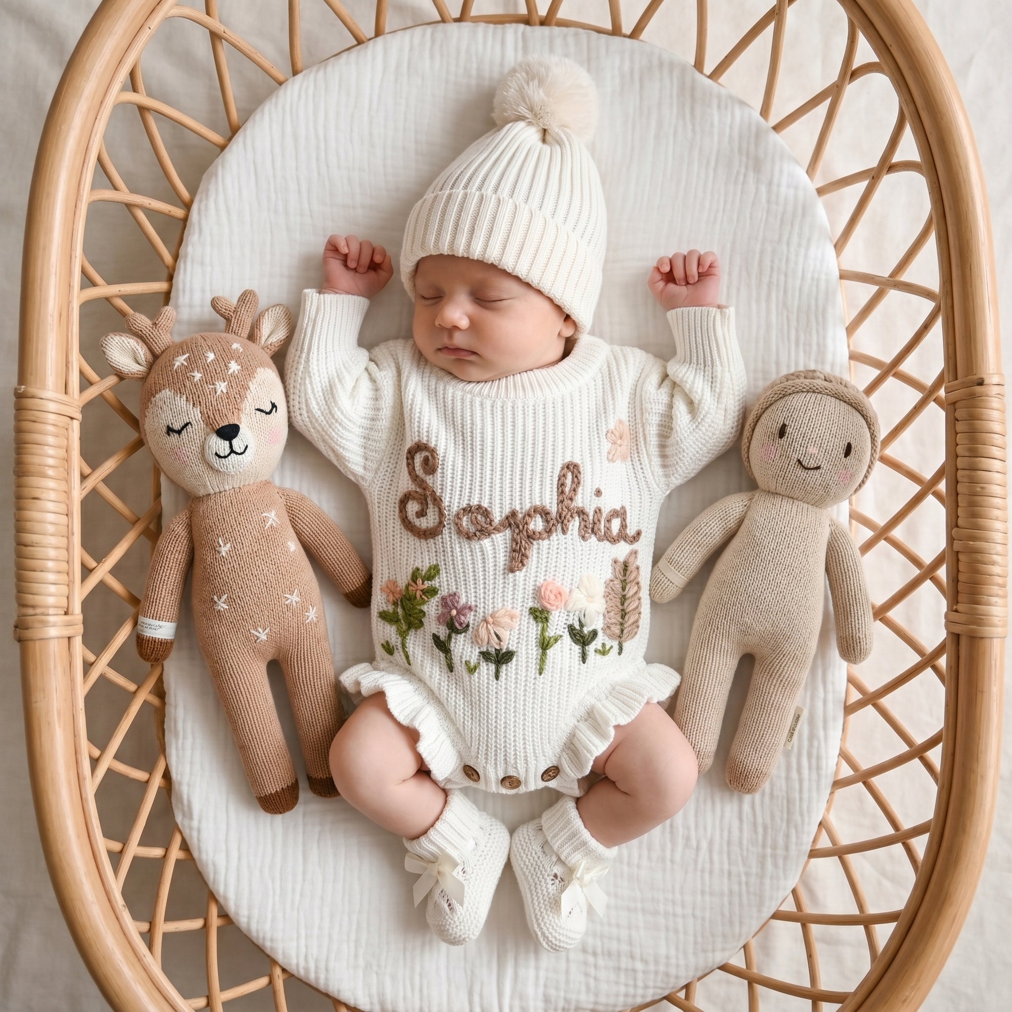 Personalized Baby Romper with Frill – Hand Knit Custom Name Outfit, Newborn Announcement Outfit