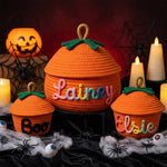 Personalized Halloween Pumpkin Basket | Hand-Knit Name Trick-or-Treat Bucket