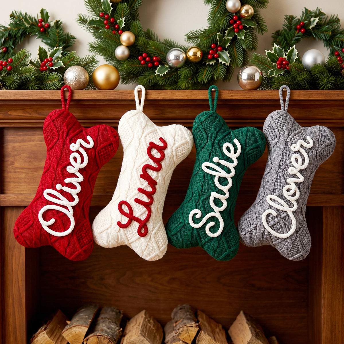 Personalized Cable Knit Bone-Shaped Pet Christmas Stocking