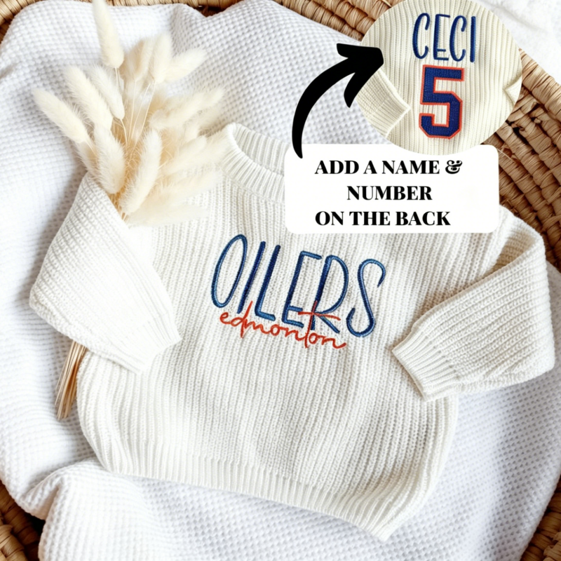 Custom Edmonton Hockey Baby Sweater, Toddler Romper Sports Outfit, Child Hockey Sweater, Football Baseball Soccer Golf Sports Team Baby Gift
