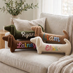 Personalized Dachshund Plush Pillow – Sherpa Sausage Dog with Knitted Yarn Name