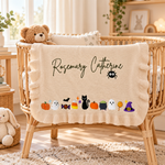 Hand Embroidered Halloween Name Baby Blanket | Ruffle Edge Custom Knit Heirloom Blanket