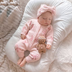 Pink Bow Print Knit Romper for Baby Girls – 100% Cotton Long Sleeve Fall & Winter Baby Outfit