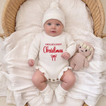 Personalized Name First Christmas Ruffle Romper – Script Embroidered Knit with Frill Trim