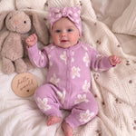 Lilac Floral Print Knit Romper for Baby Girls – 100% Cotton Long Sleeve Fall & Winter Baby Outfit