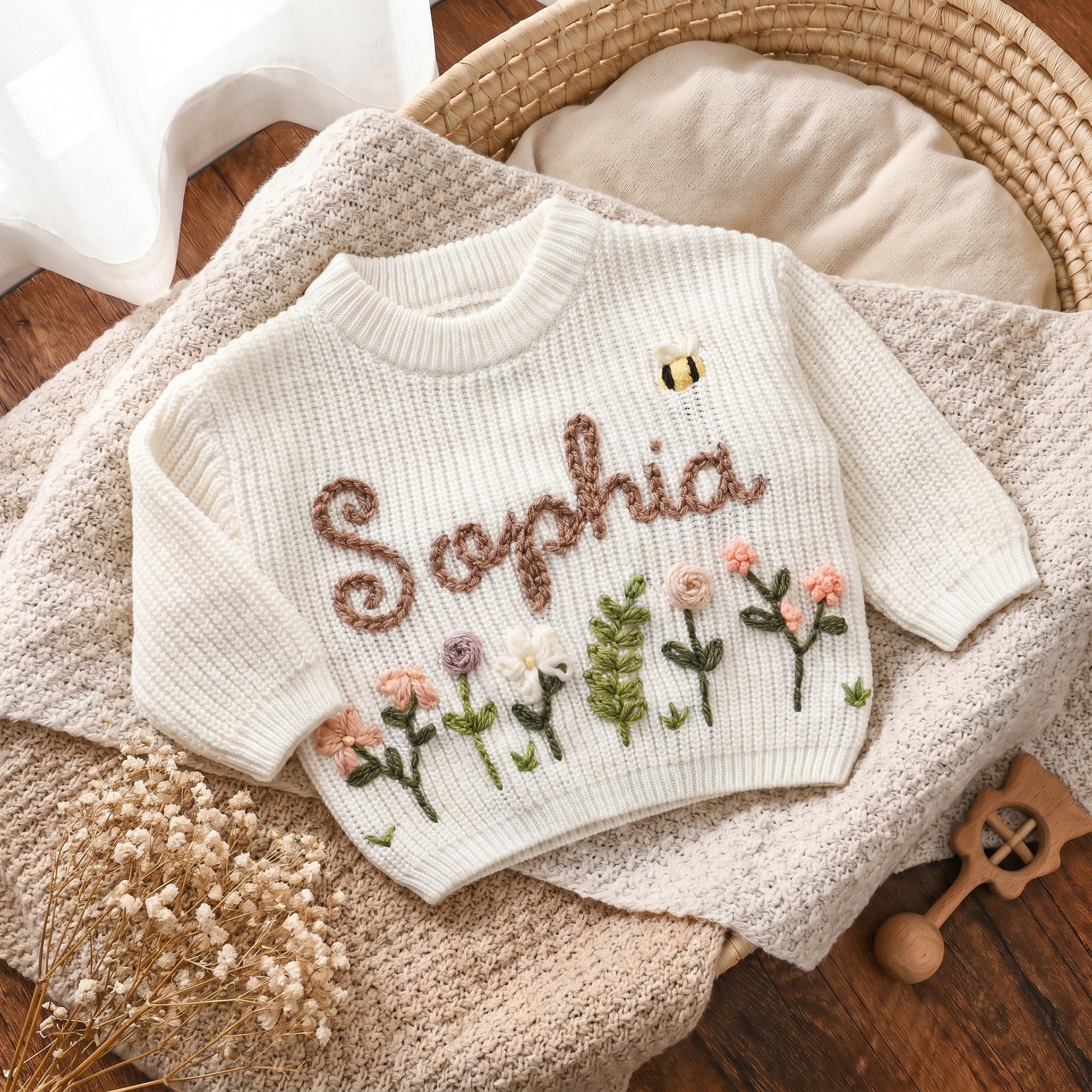 Hand Embroidered Floral Baby Sweater – Custom Name Knit Pullover, Newborn & Infant Gift