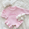 Pink knit frill leg newborn announcement romper