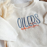 Custom Edmonton Hockey Baby Sweater, Toddler Romper Sports Outfit, Child Hockey Sweater, Football Baseball Soccer Golf Sports Team Baby Gift