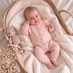 Soft Pink Ruffle Knit Baby Romper – Long Sleeve Button-Up Newborn & Infant Outfit