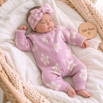 Lilac Floral Print Knit Romper for Baby Girls – 100% Cotton Long Sleeve Fall & Winter Baby Outfit