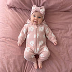Floral Print Hooded Knit Romper for Baby – Zip-Up Long Sleeve Fall & Winter Baby Outfit
