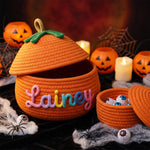 Personalized Halloween Pumpkin Basket | Hand-Knit Name Trick-or-Treat Bucket