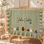 Hand Embroidered Halloween Name Baby Blanket | Ruffle Edge Custom Knit Heirloom Blanket