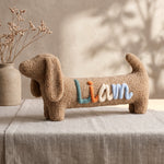 Personalized Dachshund Plush Pillow – Sherpa Sausage Dog with Knitted Yarn Name