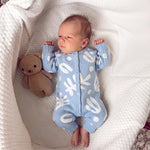 Baby Blue Abstract Print Knit Romper for Baby Boys – Long Sleeve Button-Up Fall & Winter Baby Outfit