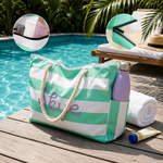 Personalized Embroidered Beach Tote Bag – Custom Name Striped Canvas Pool Bag with Zipper