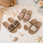 Personalized Crochet Straw Slide Sandals – Custom Name Beach Slippers for Bride, Bridesmaid & Mothers Day