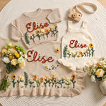 Hand Embroidered Floral Baby Girl Romper Dress – Custom Name Knit Outfit, Newborn Gift