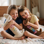 Personalized Dachshund Plush Pillow – Sherpa Sausage Dog with Knitted Yarn Name