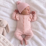 Soft Pink Ruffle Knit Baby Romper – Long Sleeve Button-Up Newborn & Infant Outfit