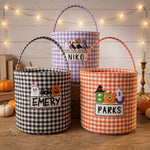 Personalized Halloween Trick or Treat Basket - Embroidered Gingham Candy Bucket