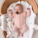 Soft Pink Ruffle Knit Baby Romper – Long Sleeve Button-Up Newborn & Infant Outfit