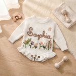 Personalized Baby Romper with Frill – Hand Knit Custom Name Outfit, Newborn Announcement Outfit