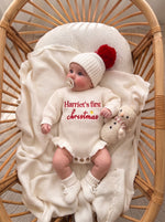 Personalized Name First Christmas Ruffle Romper – Script Embroidered Knit with Frill Trim
