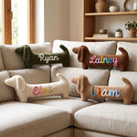 Personalized Dachshund Plush Pillow – Sherpa Sausage Dog with Knitted Yarn Name