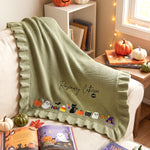 Hand Embroidered Halloween Name Baby Blanket | Ruffle Edge Custom Knit Heirloom Blanket