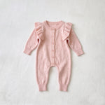 Soft Pink Ruffle Knit Baby Romper – Long Sleeve Button-Up Newborn & Infant Outfit