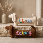 Personalized Dachshund Plush Pillow – Sherpa Sausage Dog with Knitted Yarn Name