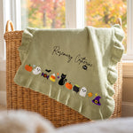Hand Embroidered Halloween Name Baby Blanket | Ruffle Edge Custom Knit Heirloom Blanket