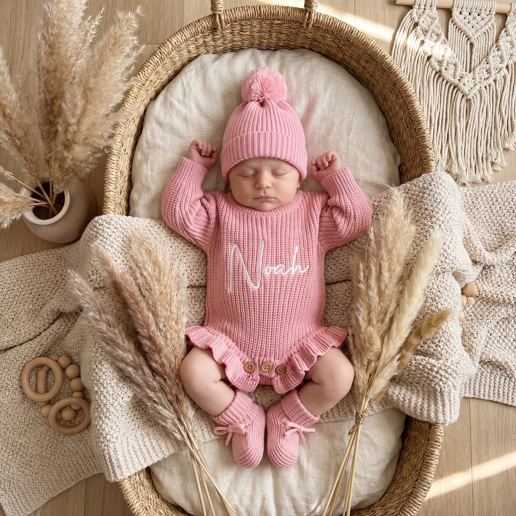 Chunky knit frill leg newborn announcement romper