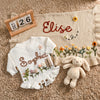 Personalized Baby Romper with Frill – Hand Knit Custom Name Outfit, Newborn Announcement Outfit