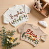 Hand Embroidered Floral Baby Sweater – Custom Name Knit Pullover, Newborn & Infant Gift