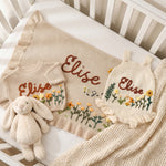 Hand Embroidered Floral Baby Girl Romper Dress – Custom Name Knit Outfit, Newborn Gift