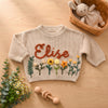 Hand Embroidered Floral Baby Sweater – Custom Name Knit Pullover, Newborn & Infant Gift