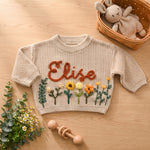 Hand Embroidered Floral Baby Sweater – Custom Name Knit Pullover, Newborn & Infant Gift