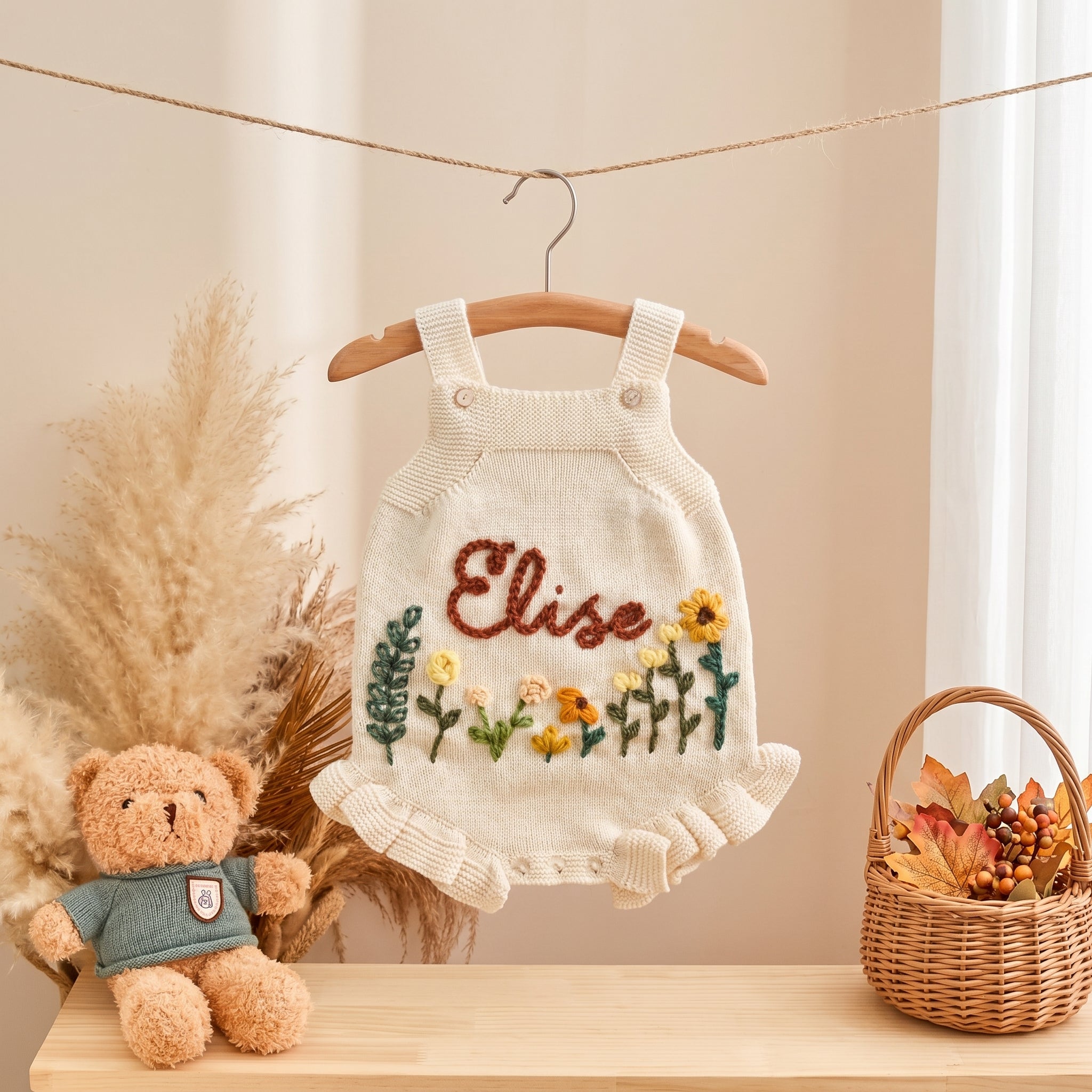 Hand Embroidered Floral Baby Girl Romper Dress – Custom Name Knit Outfit, Newborn Gift Cream / 6-12m