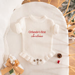 Personalized Name First Christmas Ruffle Romper – Script Embroidered Knit with Frill Trim