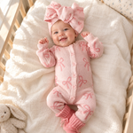 Pink Bow Print Knit Romper for Baby Girls – 100% Cotton Long Sleeve Fall & Winter Baby Outfit
