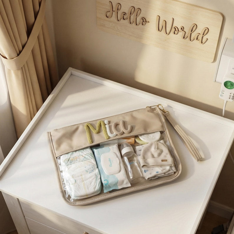 Personalized Baby Diaper Pouch – Custom Name Organizer Bag, Travel Diaper Clutch, New Mom Gift