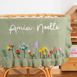 Hand Embroidered Floral Baby Name Blanket – Personalized Knit Newborn Blanket, Custom Keepsake Gift