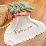 Hand Embroidered Floral Baby Name Blanket – Personalized Knit Newborn Blanket, Custom Keepsake Gift